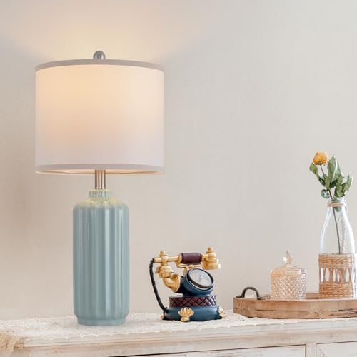 Lamp for Living Room Bedroom Lamps Farmhouse Table Lamps Set of 2 Vertical Stripe Ceramic Table Lamp,Linen Shade with Bulb, 25 in High,Seafoam,Blue
