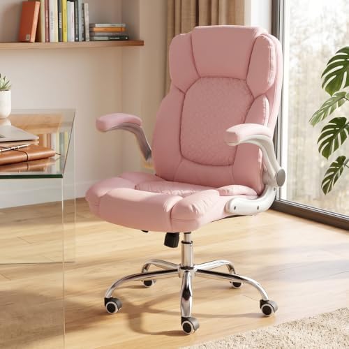 Executive Office Chair, Ergonomic Heavy Duty Desk Chair with Flip‑Up Armrests, 400 LBS High Back Comfy Computer Gaming Chairs for Home Office, Breathable PU Leather (Pink)