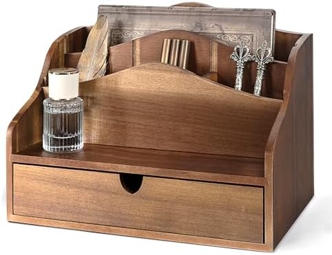 Rebee Vision Acacia Wood Mail Organizer for Desk with Drawer Entryway,Brown