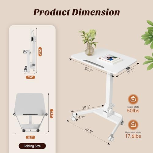 Foldable Mobile Standing Desk, Rolling Laptop Cart, White