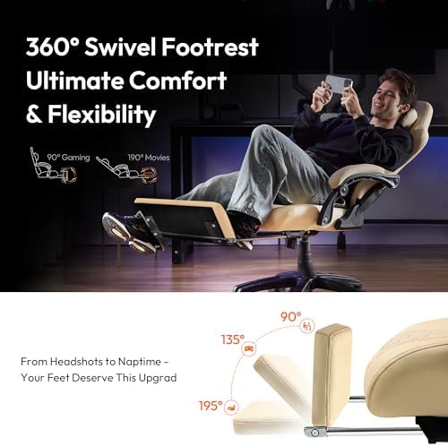 Dowinx Big & Tall Vintage Gaming Chair for Adults, 400 lb Capacity Heavy Duty Ergonomic Computer Chair with Massage Lumbar, Footrest & Easy Side Recline, Beige