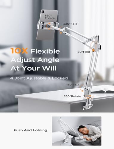 LISEN Tablet Stand iPad Stand for Desk Mount [Ultra Sturdy 2 Clamps] Kindle iPad Holder for Bed Gooseneck Phone Tablet Holder Mount fits iPhone Kindle 4-13" Device (White)