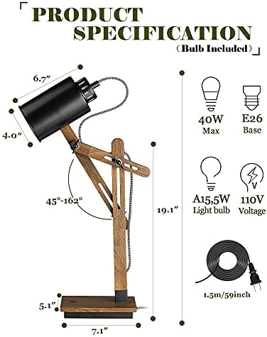 ELYONA Touch Control Sapele Wood Desk Lamp with Wireless Charging & USB Port, LED Reading Task Light,Adjustable, Swing Arm Table Lamp for Bedroom, Study Work, Office, Dorm, Bulb Included, Black