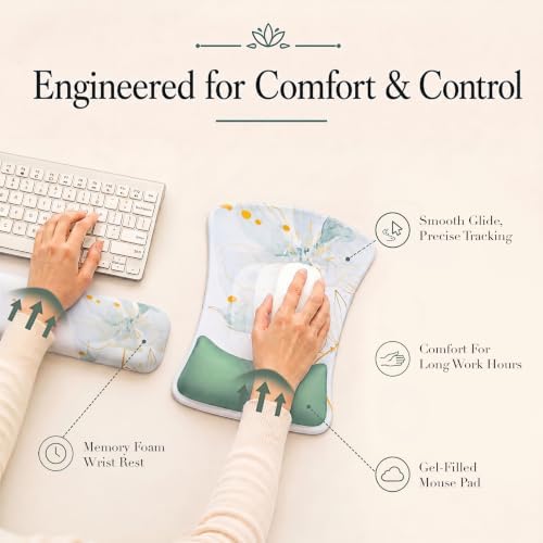 Gel Mouse Pad & Memory Foam Keyboard Wrist Rest Set Sage Green Floral
