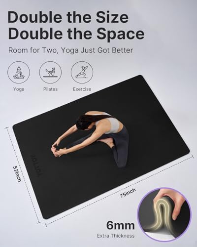 YOTTOY Large Yoga Mat (75 * 52 * 1/2inch),Extra Wide TPE Exercise Mat,Non-Slip Workout Mat for Pilates, Fitness, Barefoot, Home Gym Studio with Strap and Towel