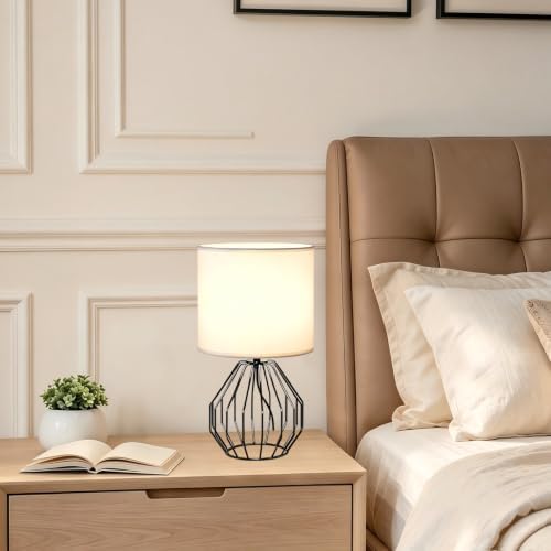 Small Table Lamp Black, Modern Minimalist Desk Lamp with Metal Base White Fabric Shade, Bedside Nightsand Table Lamp for Bedroom, Living Room, Kids Room