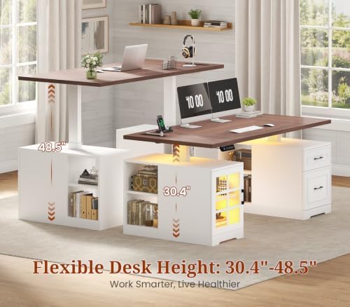 UPOSOJA 63" Farmhouse Electric Standing Desk with Drawers, Storage Shelves