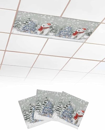 Gray Christmas Magnetic Fluorescent Light Covers for Ceiling Lights 2 x 4 Feet,Snowflakes Retro Snowy Xmas Tree Bear Office Classroom Kitchen Drop Ceiling Light Covers Filters Shade Panel 3 Packs