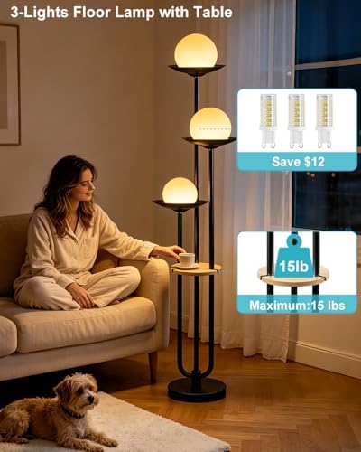 Lightdot 3-Globe Dimmable Floor Lamp with Table Modern Floor Lamps with 5Lbs Heavy Base for Wedding/Party 3000K Warm White Bulbs Included Black Standing Lamp for Living Room/Bedroom/Sofa Beside/Corner