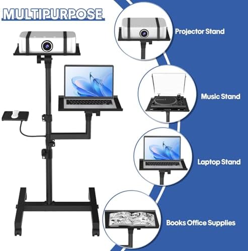 Projector Stand, 2 Shelves Mobile Laptop Cart with Adjustable 47" Height