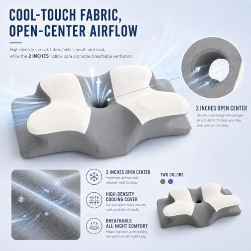 Ergonomic Cervical Memory Foam Pillow for Neck and Shoulder Support, Contour Butterfly Bed Pillow with Breathable Cover, Neck Support Pillow for Side Back and Stomach Sleepers (ELOVNOVA-Gray)