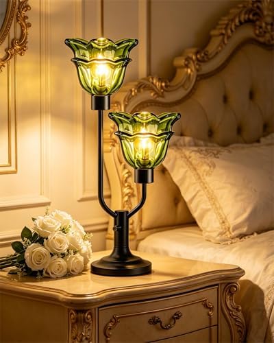 Mid Century Modern Flower Green Table Lamp for Living Room Dimmable