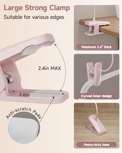 CUHIOY Rechargeable Clip on Reading Light for Bed Headboard, Pink, 1 Pack