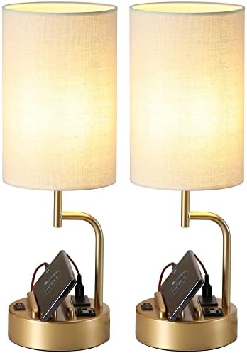 Dreamholder Table Lamp with 3 USB Charging Ports, Modern Desk Lamp with AC Outlet and Phone Stands, Perfect Bedside Lamp for Bedroom, Living Room, Office (Pack of 2), Gold