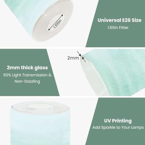 3 Pack Cylinder Glass Lamp Shade Teal Blue Ombre Watercolor Painted Covers with 1-5/8" Fitter Opening Light Fixture Replacement for Table Lamp Bathroom Vanity Light
