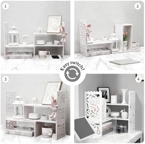 MASAKA B&W - Kawaii Storage Desktop Organizer for Your Desk Space, Double H Plants Display Shelf, Home Office Storage Rack Adjustable Stackable for Office, Dormitory (White*09)