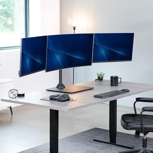 VIVO Premium Freestanding Triple Monitor Desk Mount for 3 Screens up to 22 lbs, Fits up to 38 inch Ultrawides on Center Bracket, Adjustable Telescoping Arms, Flush Wall Setup, Black, STAND-TS03F