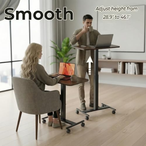 HUANUO Small Rolling Laptop Standing Desk, Height Adjustable Mobile T-Base Desk with Lockable Casters, Portable Sit-Stand Workstation for Bedside & Sofa, Walnut (Pack of 2)