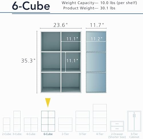 Homes: Inside + Out Apexa 6-Cube Storage Organizer Shelves, Stackable Wood Bookcase Fits Cubby Bins for Organization, Dorm Teen Room Decor & Home Office, Light Blue
