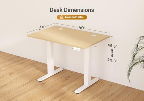 Seang Electric Standing Desk Adjustable Height, 40 x 24 Inch Sit Stand Desk with T-Shaped Frame, 3 Memory Presets & Cable Management for Home Office Computer Workstation, White Frame/Nature Top