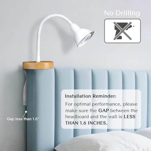Solfres Patented Innovative Design Headboard Reading Light. No Drilling Golden Book Light for Bedtime Reading. Dimmable LED Book Reading Lamp with Bulb. Movable & Flexible, White