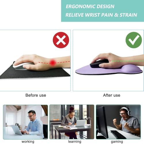 Mouse Pad with Wrist Support, Ergonomic Mousepad with Comfortable Memory Foam Wrist Rest Cushion, Relieve Wrist Pain, Non-Slip Rubber Base Gaming Mice Pad for Home Office Computer Laptop, Purple