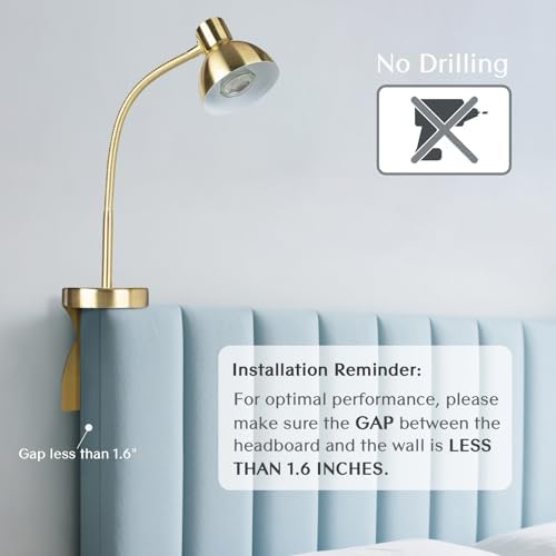Solfres Patented Innovative Design Headboard Reading Light Pro. No Drilling Book Light for Bedtime Reading. Dimmable LED Book Reading Lamp with Bulb. Movable & Flexible, Gold