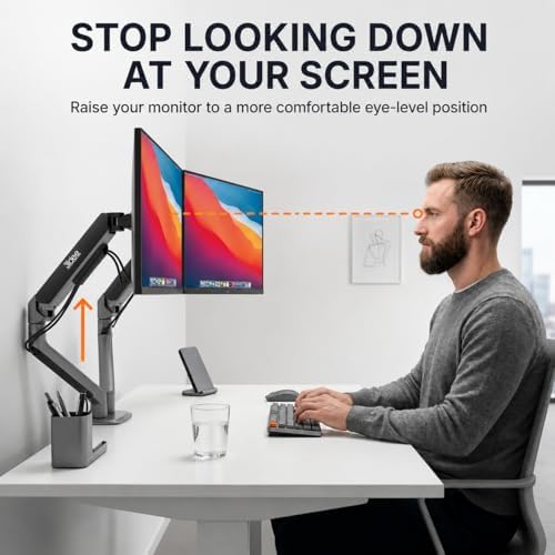 3IDEE FlexiLite Dual Monitor Arm Desk Mount for 17-32" Screens, Holds up to 20 lbs per Monitor, Slim Aluminium Design, Fully Adjustable, Quick Box to Desk Setup, Clamp/Grommet Base, VESA 75/100