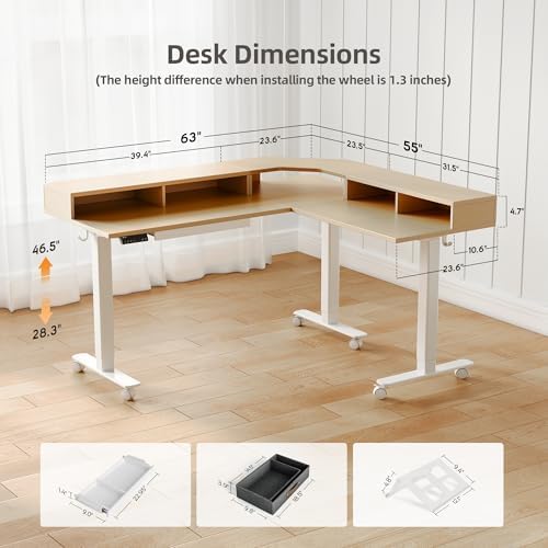 Claiks Dual Motor L Shaped Standing Desk with Drawers, 63inch, Nature