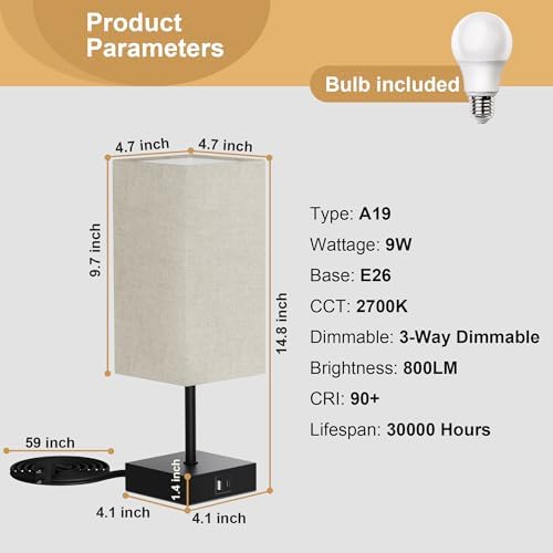 Bedside Table Lamp for Bedroom with 2 USB Ports, 14-Inch, Beige
