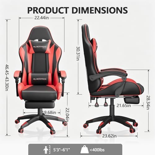 Mr IRONSTONE Gaming Chair with Footrest, Ergonomic Reclining Gamer Chair with Lumbar Support & Massage, High Back Racing Style Video Game Chair, Adjustable Headrest, Swivel Desk Chair, Red