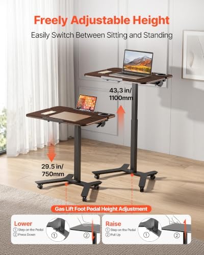 VEVOR Standing Desk, Adjustable Height Mobile Stand Up Desk with Tilting Desktop, 28.2 x 20.7 in Small Computer Sit Stand Workstation, 33 lbs Capacity, Foot Pedal Pneumatic Lift for Home, Office