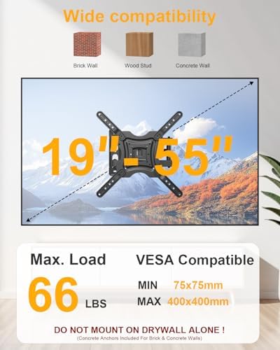 Full Motion TV Wall Mount Bracket Swivel Tilt Extension Rotation for Echo Show 21/15 and Most 19-55 Inch LED LCD Flat Curved Screen TVs & Monitors, Max VESA 400x400mm up to 66lbs