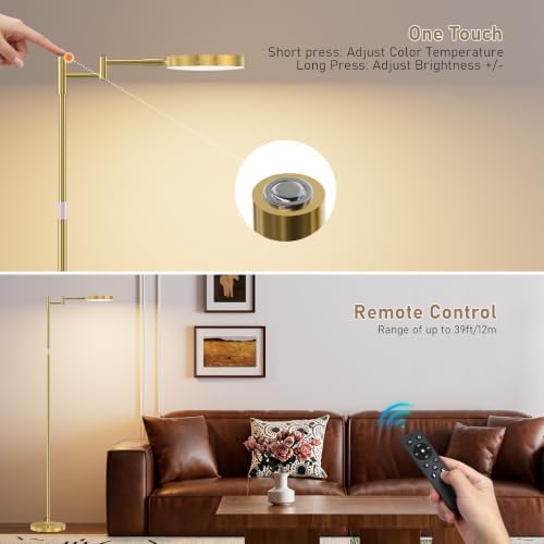 SIBRILLE LED Floor Lamp, 18W Bright Standing Lamp with Remote Control, Adjustable Height, 350°Swing Arms, Modern Dimmable Coner Floor lamp for Reading, Sewing and Crafts, Gold