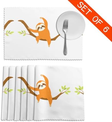Sloth Stretching Prints Placemats Set of 6 12x18in – Durable Table Layers for Stylish Home & Hotel Decor