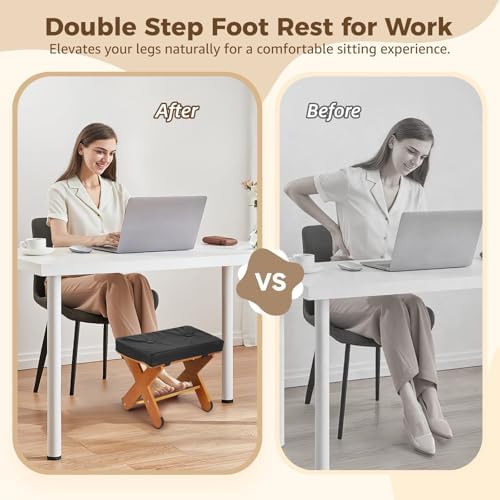 Double Step Foot Rest Under Desk, Ergonomic Wood Foot Stool with PU Cushion Top, Desk Foot Rest for Office Chair, Under Desk Footrest Stool for Work, Leg Rest Support (Walnut Finish)