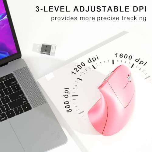 Wireless Ergonomic Mouse,2.4G USB Wireless Vertical Mouse,Adjustable DPI(800/1200/1600),Quiet Clicks,6 Buttons for Laptop,PC,Mac,Desktop – Pink