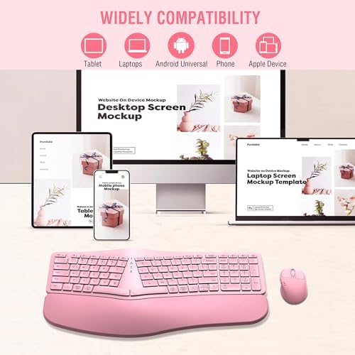 MK960 Ergonomic Wireless Keyboard Mouse Combo, Bluetooth/2.4G Split Design Keyboard with Palm Rest and 4 Level DPI Adjustable Wireless Mouse Multi-Device, Rechargeable, for Windows/Mac/Android(Pink)