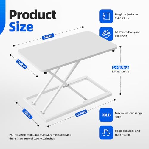 Standing Desk Converter 24 Inch, Height Adjustable Sit to Stand Desk Riser, Ergonomic Desktop Workstation for Laptop and Single Monitor, Home Office Computer Desk Riser-White