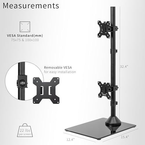 VIVO Dual Monitor Desk Stand with Tempered Glass Base, Free-Standing LCD Mount, Holds in Stacked Vertical Position 2 Ultrawide Screens up to 34 inches, Black, STAND-V002LG
