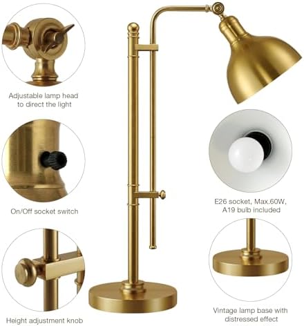 PARTPHONER Industrial Adjustable Desk Lamp for Home Office, Farmhouse Table lamp 29''-38'', Rustic Metal Task Desk Lamp in Brushed Gold Finish, Vintage Reading Lamp for Study Room，Gold