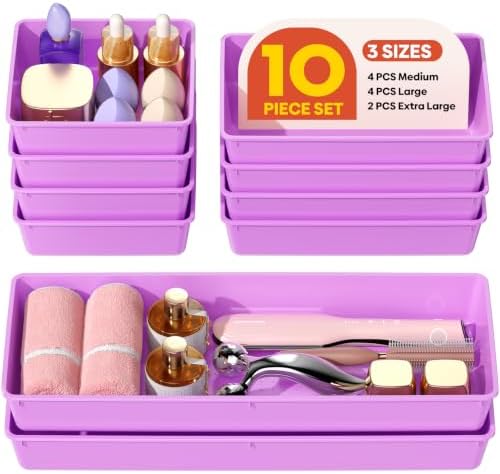10 Pack Large Size Plastic Drawer Organizers Set, 3 Sizes Desk Drawer Organizer Trays, Storage Bins for Vanity, Makeup, Bathroom, Kitchen Utensils and Office (Purple)