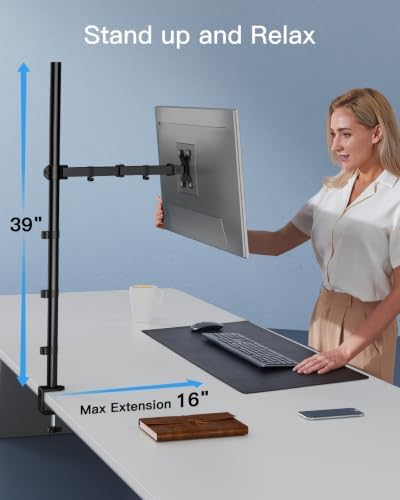HUANUO Single Monitor Arm with 39 inch Extra-Tall Pole, Adjustable Computer Desk Mount for 13–32 inch Screens and up to 38 inch Ultrawide Screens, Hold 22 lbs, Monitor Stand with C-Clamp & Grommt Base