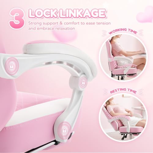 Gaming Chair, Ergonomic Computer Chair with Cat Embroidery, Pink