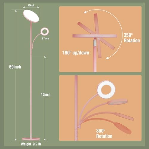 marctronic Pink Floor Lamp, 42W 4000LM Super Bright LED Room Lamp with Adjustable Reading Light,Dimmable Modern Standing Lamp with Remote & Touch Control for Room Bedroom Office Floor Light