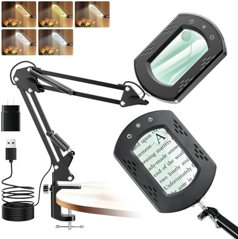 10X 30X Magnifying Glass with Light, Magnifying Lamp with Real Glass Square Lens, Stepless Dimming & 5 Color Modes, Magnifying Glass for Close Work, Crafts, Sewing, Repair & Reading