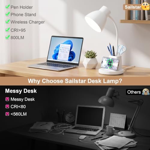10W Wireless Charging LED Desk Lamp with Pen Holder, CRI 95, White