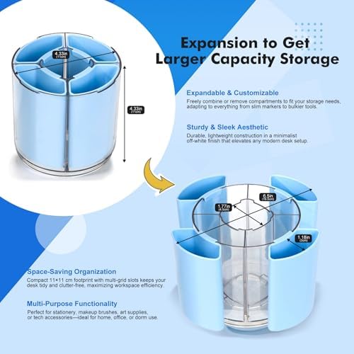 Comix 360° Rotating Pen Holder for Desk, Blue Pencil Holder with 5 Slots