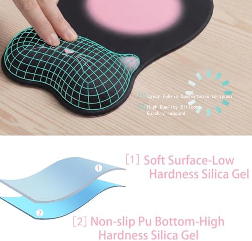Gel Mouse Pad with Wrist Rest for Mouse Ergonomic Cat Mouse Wrist Rest Non-Slip Silicone Cute Mousepad with Wrist Support for Computer Desk Gaming Laptop Home Office Desk Accessories Black Pink