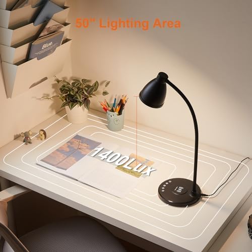 BOHON Desk Lamp for Home Office with USB C+A Charging Ports Timer Black